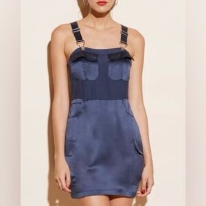 NWT Fleur du Mal 100% Silk Overall Cargo Mini Dress Spring Indigo 8 Quiet Luxury